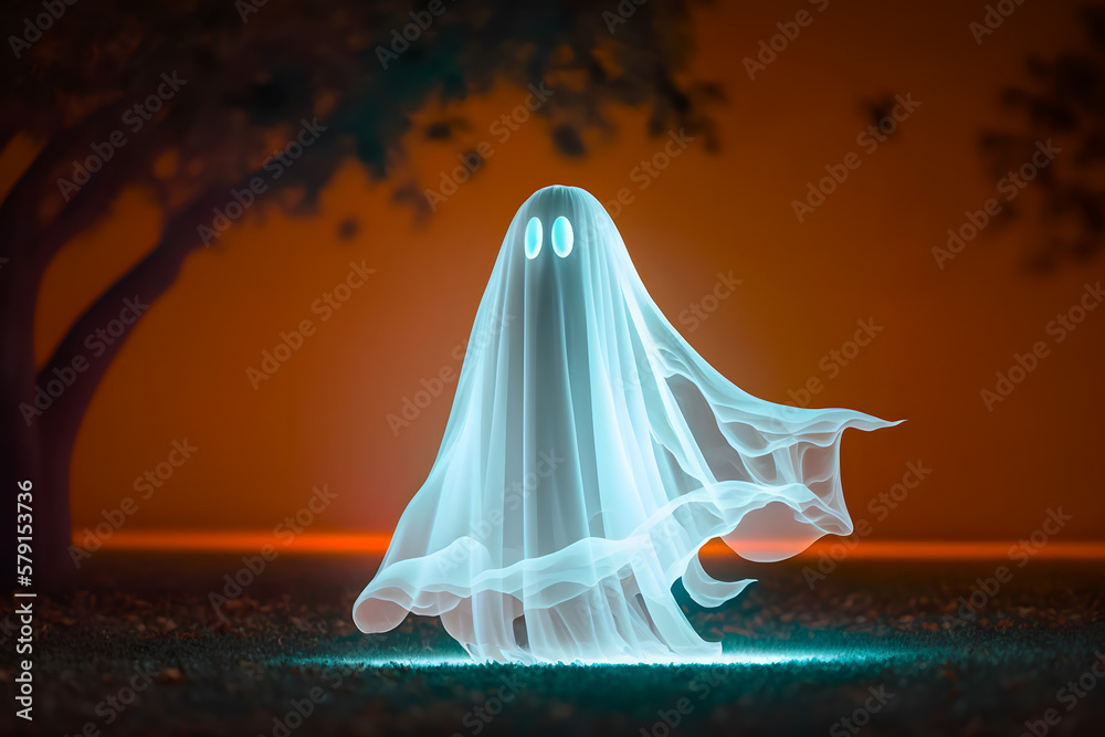 Ghost frightening in the form of a sheet in a park gloomy trees and night. Generative AI
