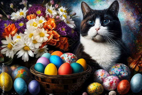 Abstract Easter Picture Of Eggs, Flowers, And A Cat Surrounded By Holiday Items, Holiday And Celebration Concept, Easter Day, Generative Ai