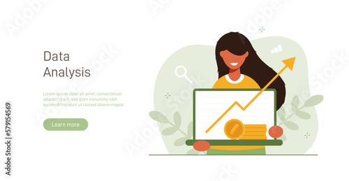Analyst looks graph of earnings growth. Marketing data analysis. Business profit report. Successful investment of capital or money. Modern flat colorful vector illustration for banner, poster. © shendart