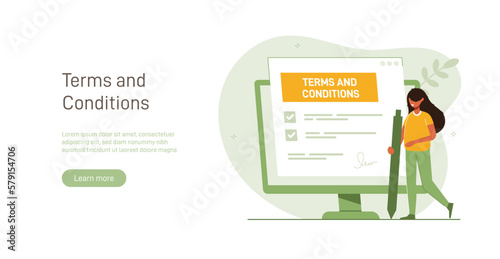 Contract illustration . Character gets acquainted with the legal document, electronic contract or agreement online. Person reads and signs the terms of the contract. Flat vector illustration.
