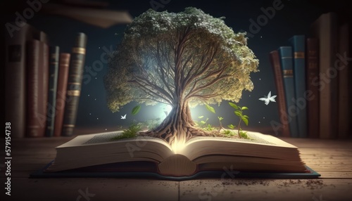 concept of education Stack of books in the library, a tree of knowledge in the opening of an old book in the library. Beautiful background