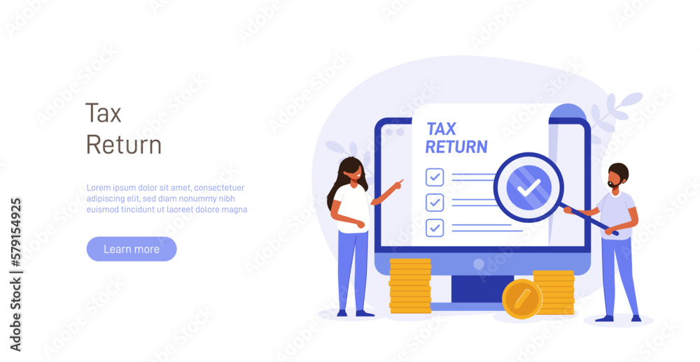 Tax return illustration concept. People issue tax refund against the background of monitor screen with document, stack of money. Tax form creative flat vector.