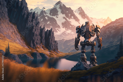 Robot watching landscape, mountain, nature, clouds, Made by AI, AI generated, Artificial intelligence