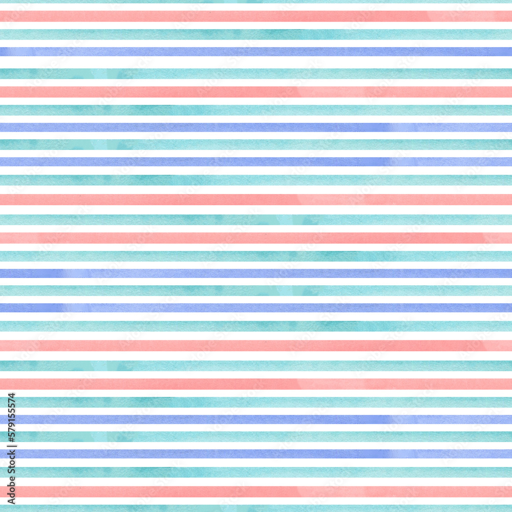Obraz premium Light blue navy blue and coral watercolor stripe seamless pattern. Endless hand drawn background for fabric and wallpaper.