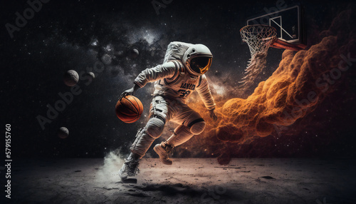 Astronaut in the outer space plays Basketball - Abstract Spaceman wallpaper - Generative AI © The_AI_Revolution