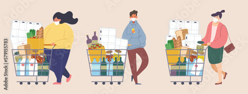 Set of people wearing mask and shopping during Covid-19 or virus pandemic. Illustration of foods and supplies store up during disease epidemic.