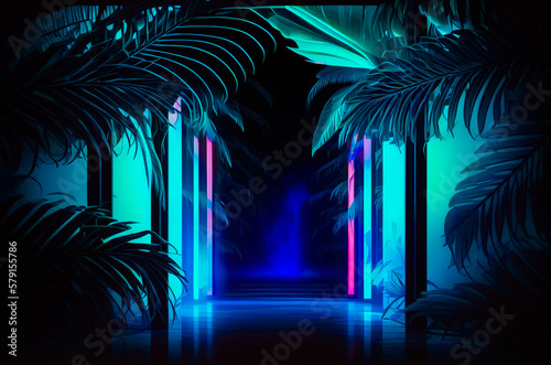 An entrance to dark room with neon lights and palm trees. Generative AI.