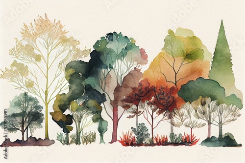 Fototapete Plants and trees, watercolour style generative AI