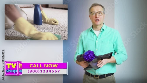 A professional salesperson convinces a customer to buy a new unique vacuum cleaner. Network advertising, TV shop, viral advertising, telemarketing, online sales, one-click sales