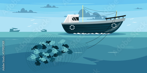 Vector illustration of a beautiful seascape with a fishing vessel and silhouettes of ships on the horizon. A cartoon sea with a ship that catches fish with a net. An industrial vessel catches fish.
