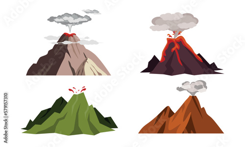 Set of beautiful volcanoes in cartoon style. Vector illustration of processes of eruptions from volcanic craters of smoke, ash, magma, lava isolated on a white background.