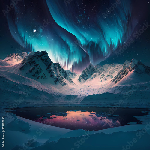 Stunning Illustration of Norther Lights dancing in the sky over snowy mountains landscape and reflection on lake