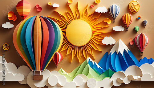 Creative and colourful paper art with sun, clouds, mountain and  hot air balloons. Created with generative AI
