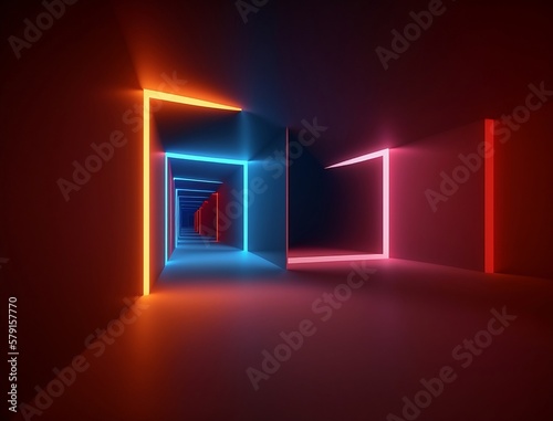Background of an empty room, corridor. Spotlight, colorful neon light, reflection on tiles. Laser lines, shapes, smog