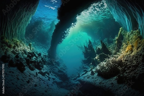 Underwater world of the deep ocean. Underwater gorge. AI