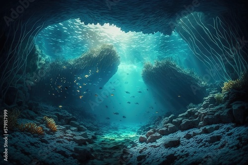 Underwater world of the deep ocean. Underwater gorge. AI
