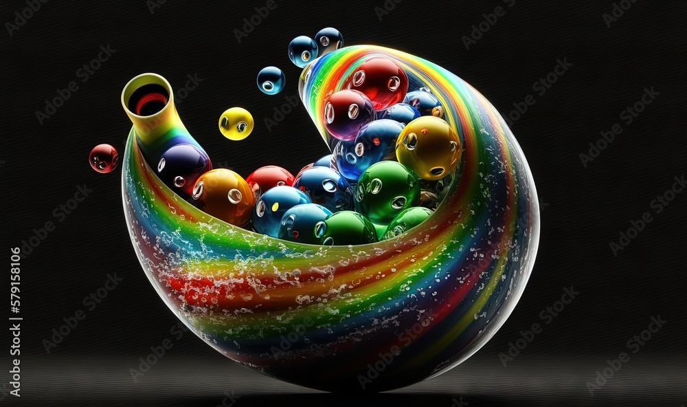  a rainbow swirl of soap bubbles floating in a black background.  generative ai