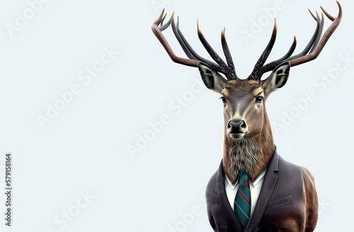 Deer with big antlers in a business suit on a white isolated background.banner. generative AI © Елена Дзюба