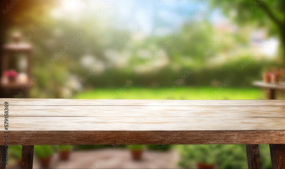  a wooden table with a blurry background of a park.  generative ai