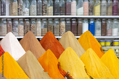 Colorful spices and dyes found at souk market in Marrakesh, Morocco.