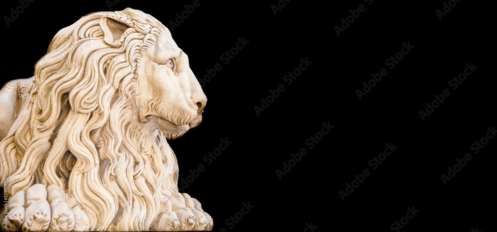 Antique lion statue , made of stone, with copy space. Concept security, safety, guard.