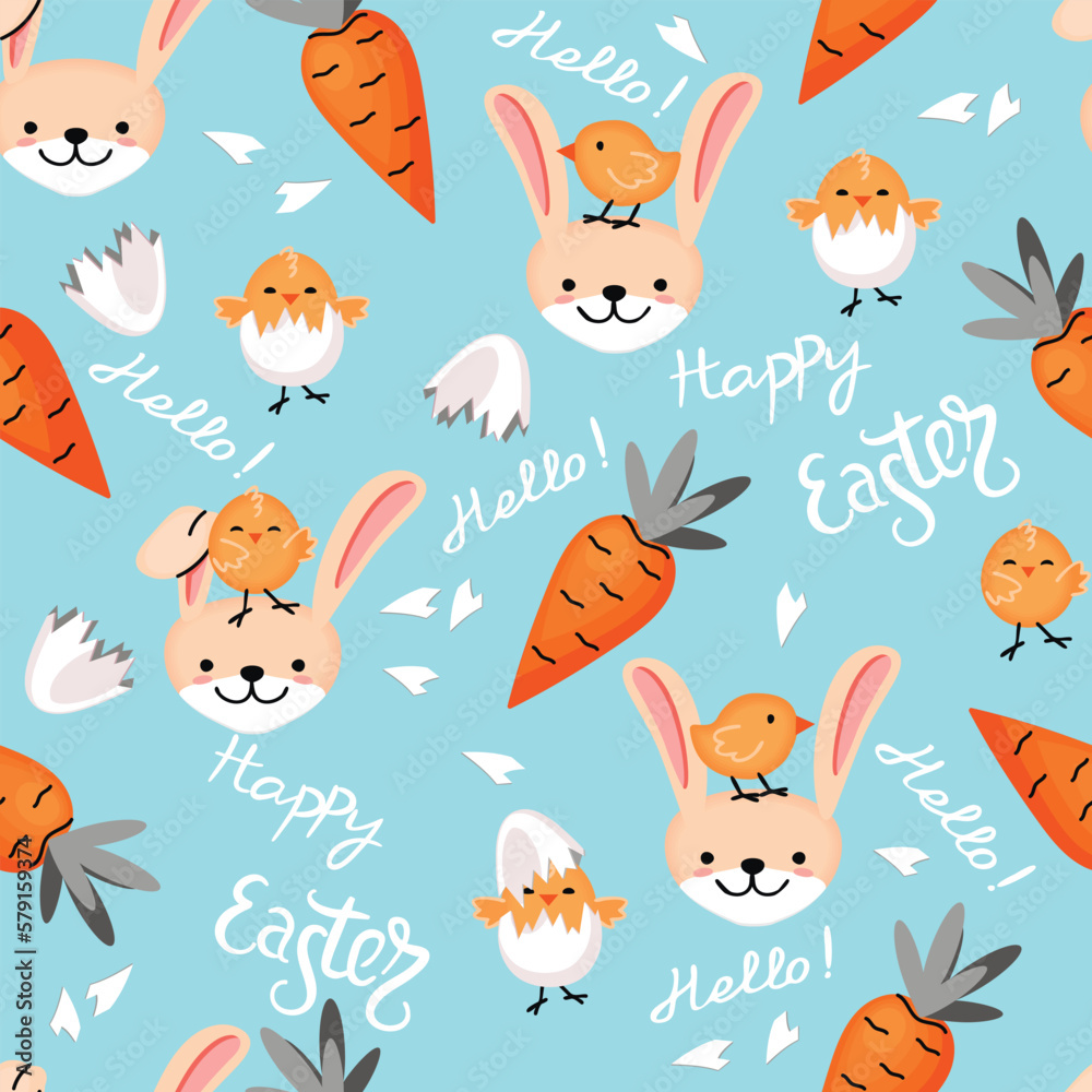 Easter bunny and chickens in an eggshell.Colorful seamless repeat  pattern on blue background.Rabbit head,carrot and handwritten text.Cute endless wallpaper.Vector cartoon flat style illustration.
