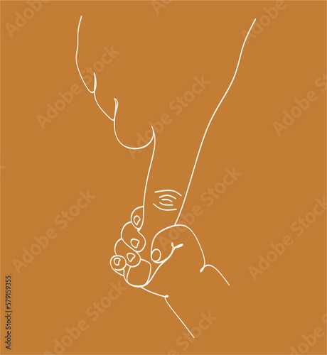 Continuous line art Baby holding little finger of adult hands together. One line design style. vector illustration