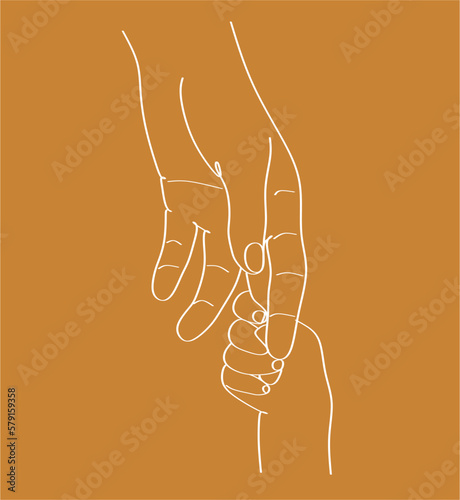 Continuous line art Baby holding little finger of adult hands together. One line design style. vector illustration