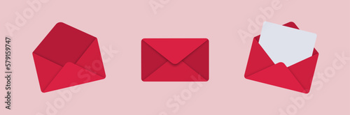 Red envelope vector icon set in different positions. Closed and open letter mockup with white paper document inside. Vector illustration.  photo