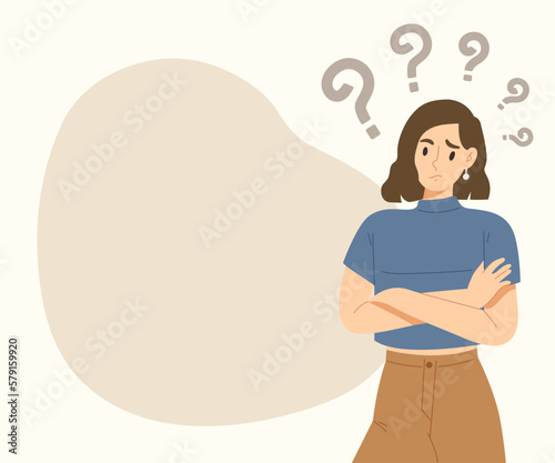 Young curious woman standing with question marks and blank space. Wondering girl. Doubt character for presentation, advertising, banner. Flat vector illustration.