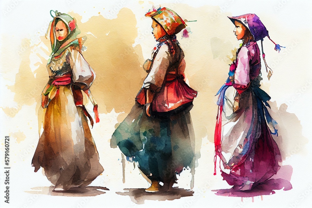 Ethnic Costumes, watercolor style generative AI