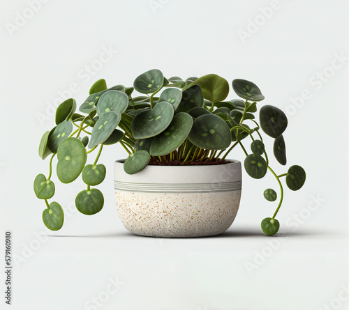 Pilea peperomioides in pot on white background. Created with Generative AI. photo