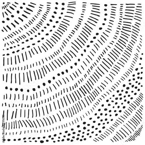 Strokes and dots radian pattern. Hand drawn sketch. Black on white, ink pen doodle free abstract art.