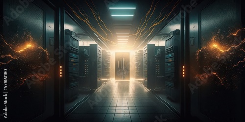 corridor with computer data servers, generative ai