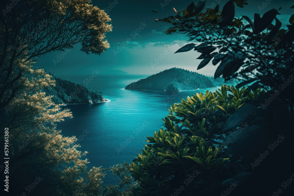 Wanderlust. Beautiful fantasy landscape with tropical flowers and green trees.