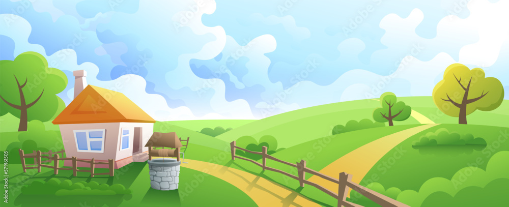 Vector landscape of rural house with well. Farm in the countryside among the colorful fields.