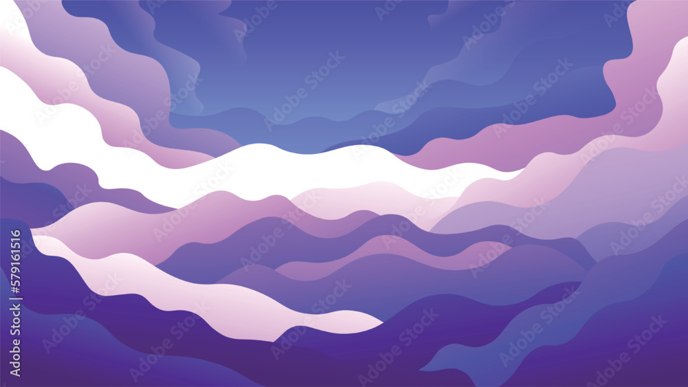 Fluffy pink wavy clouds high in the sky. Bright horizontal colorful illustration of a beautiful sky.