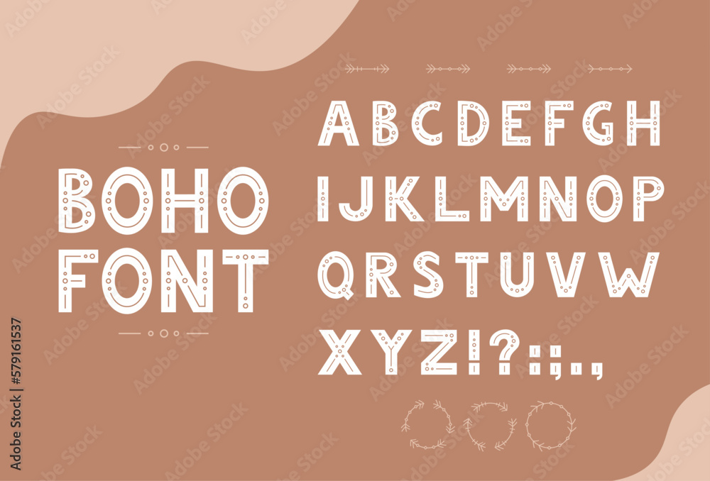Cute hand drawn boho font with latin alphabet and decorative elements.