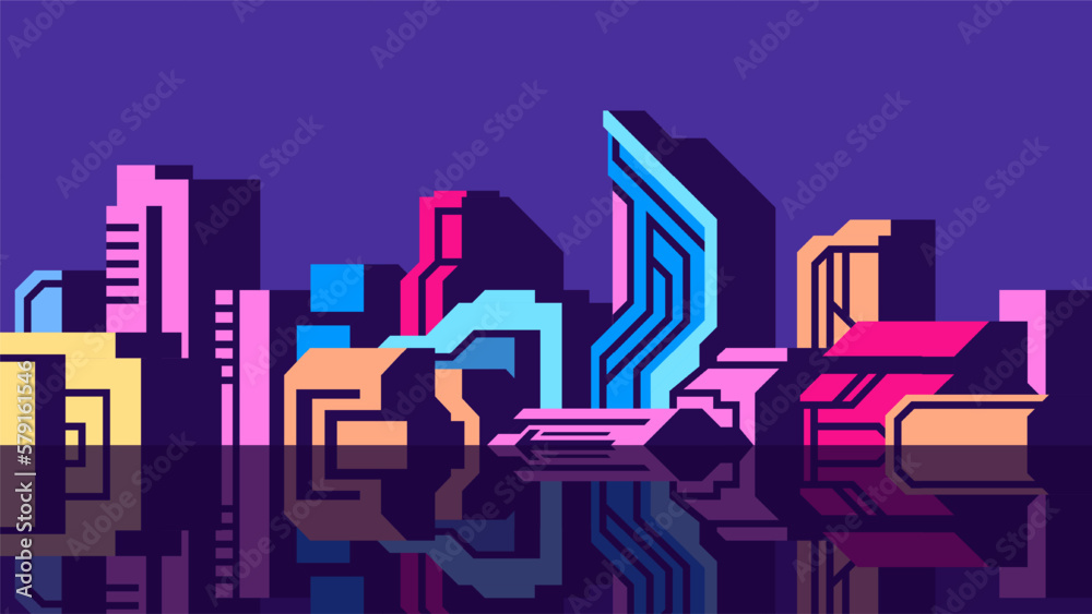 Modern cyberpunk abstract urban view. Bright tall buildings in a flat style.