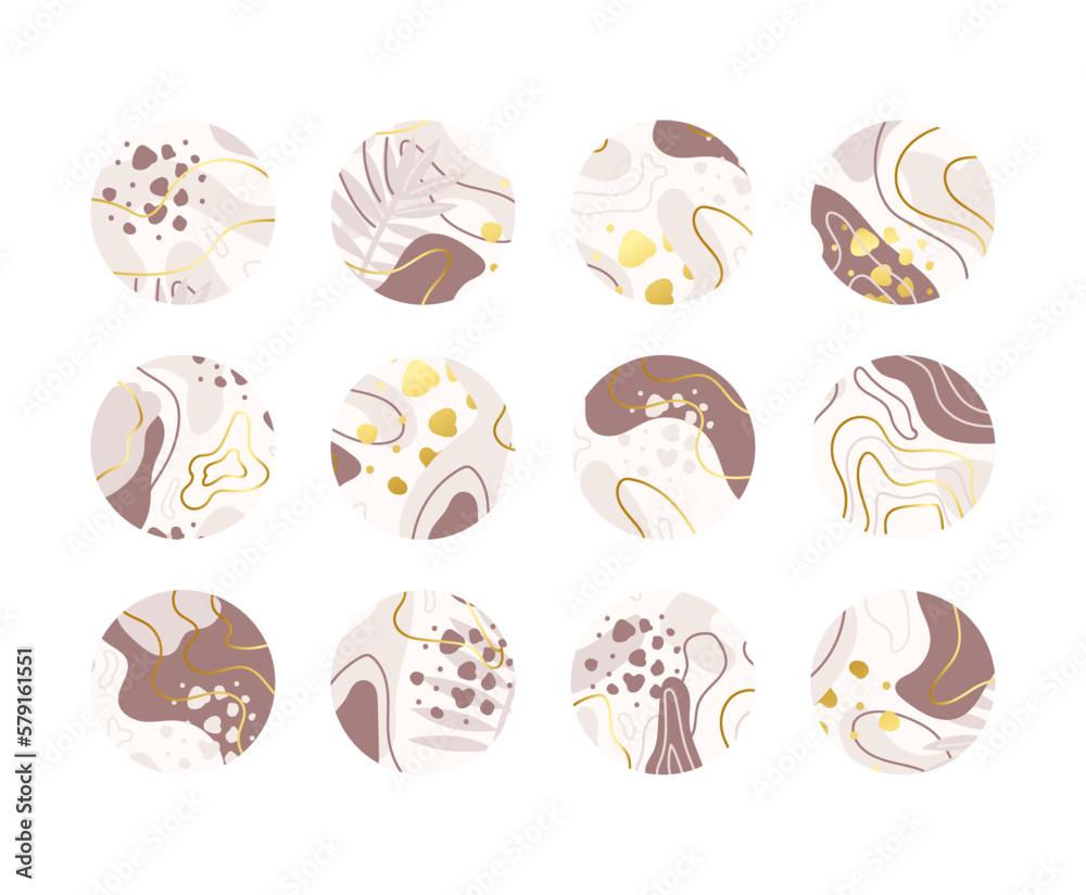 Highlight covers for social media. Round icons with different shapes, lines, dots. Vector trendy illustrations set in pastel colors with gold.