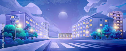Vector illustration of evening city street with buildings in the Soviet constructivism style.