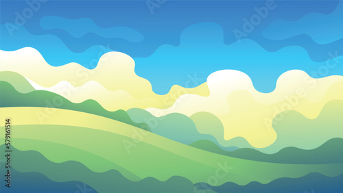 Horizontal rural morning landscape. Bright green hills on curly clouds on sky background.