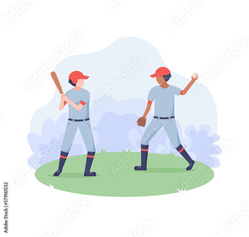 Flat characters play baseball. Game scene isolated on white background. © Dmytro