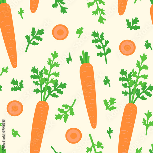 Vector seamless pattern of fresh carrots and greens on yellow background.