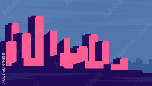 Horizontal silhouette of a modern city. Vector illustration of urban life. Pink sunset sun reflects on the buildings.