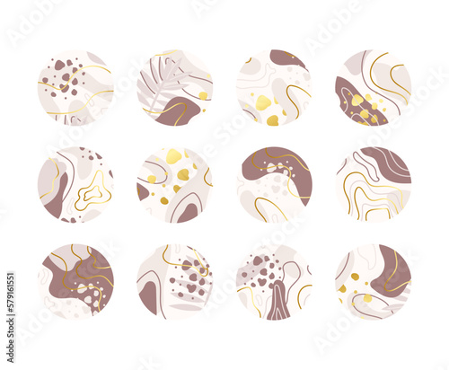 Highlight covers for social media. Round icons with different shapes, lines, dots. Vector trendy illustrations set in pastel colors with gold. © Dmytro