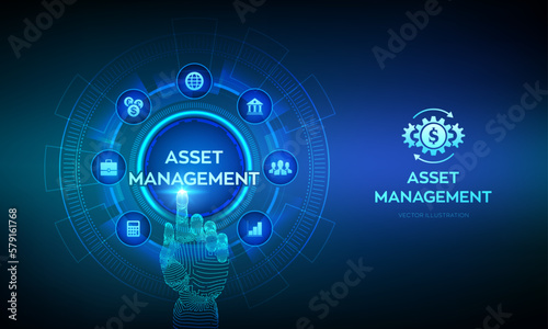 Asset management. Business investment banking payment technology concept on virutal screen. Robotic hand touching digital interface. Vector illustration.