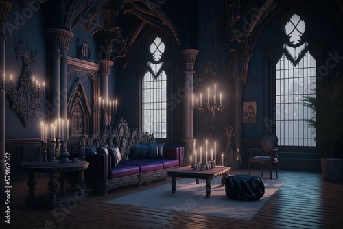 Living room of a large, Gothic vampire castle. Dracula's castle. AI generated