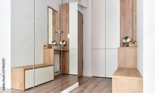 Interior of hallway with mirror, glass doors and wooden floor. Atechamber with wardrobe, cabinet and furniture in new apartment in hotel. Home design. Luxury.