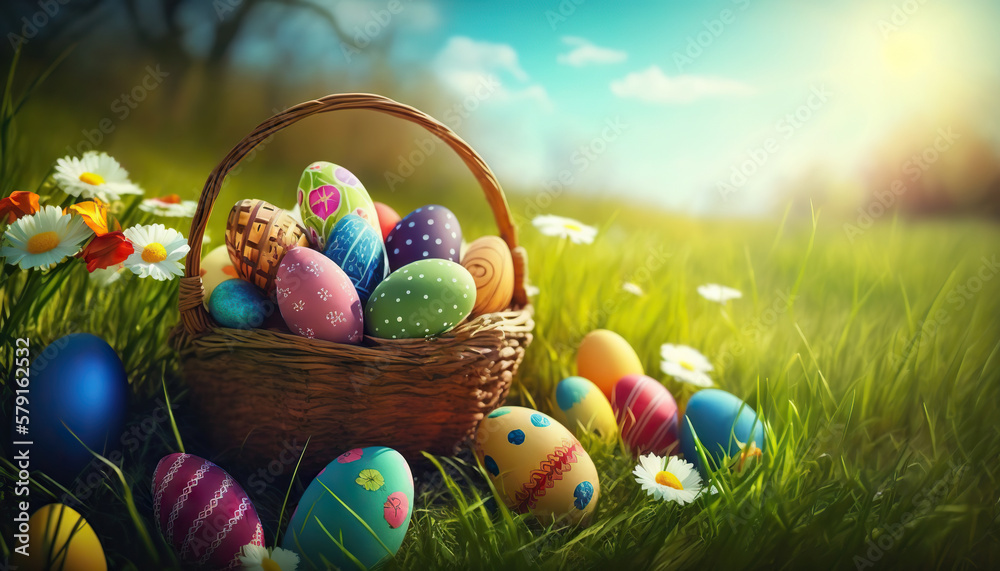 Basket of easter eggs in the middle of green field. Copy space. Based on Generative AI Basket of easter eggs in the middle of green field. Copy space. Based on Generative AI